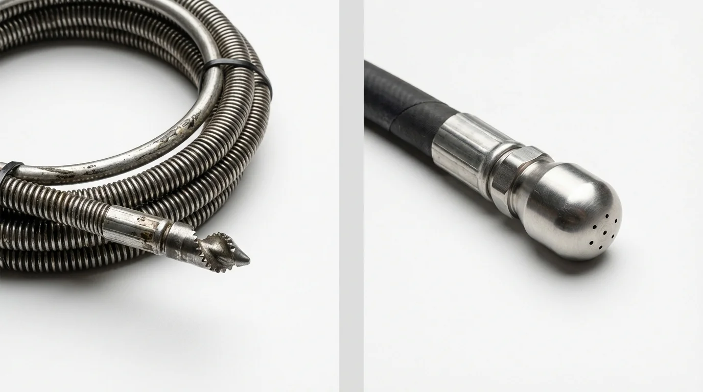 Drain snake cable and hydro jetting nozzle used for drain cleaning in Brisbane, CA