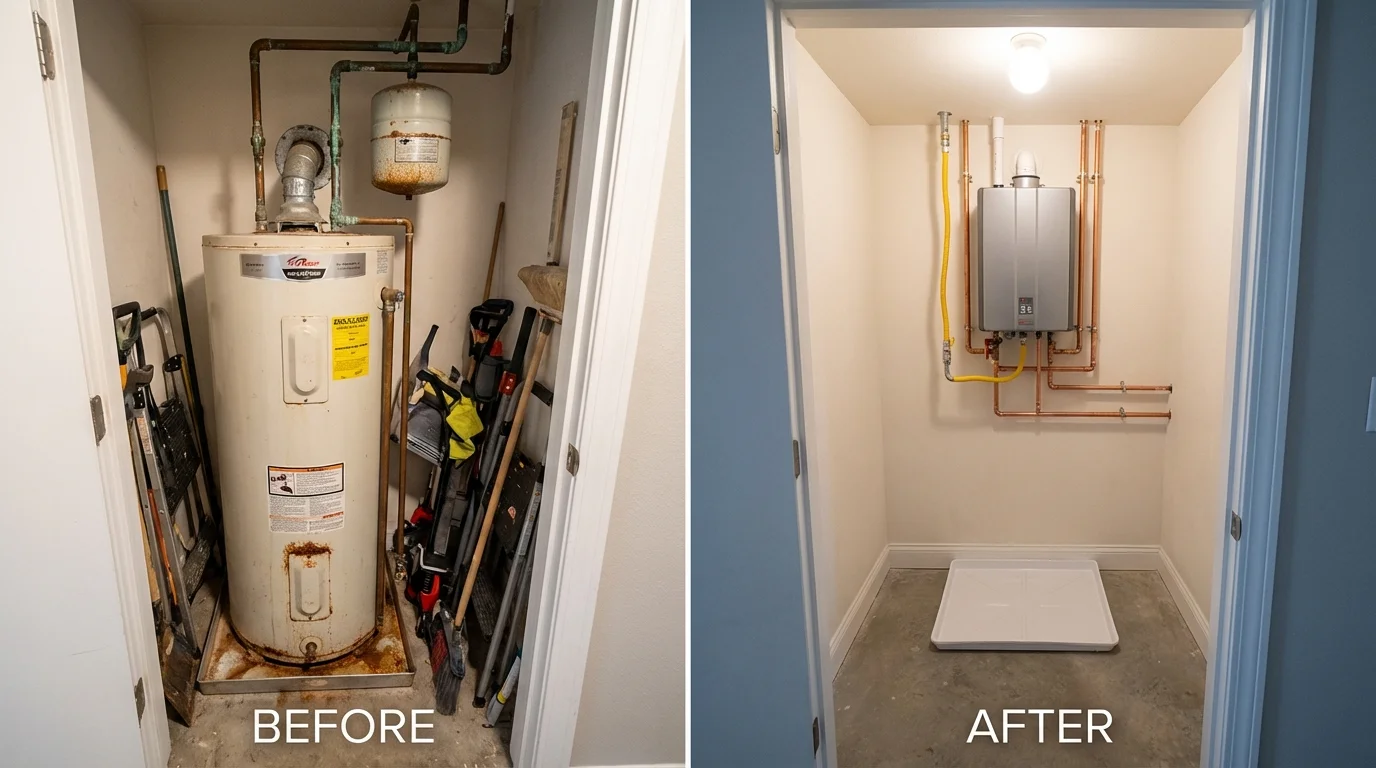 Tank water heater versus wall-mounted tankless unit comparison for Brisbane, CA homeowners