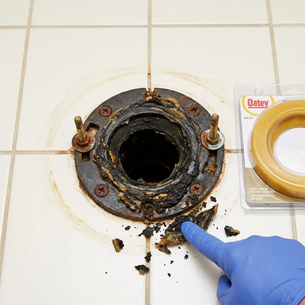 Failed wax ring showing water seepage at the base of a toilet in a Brisbane, CA home