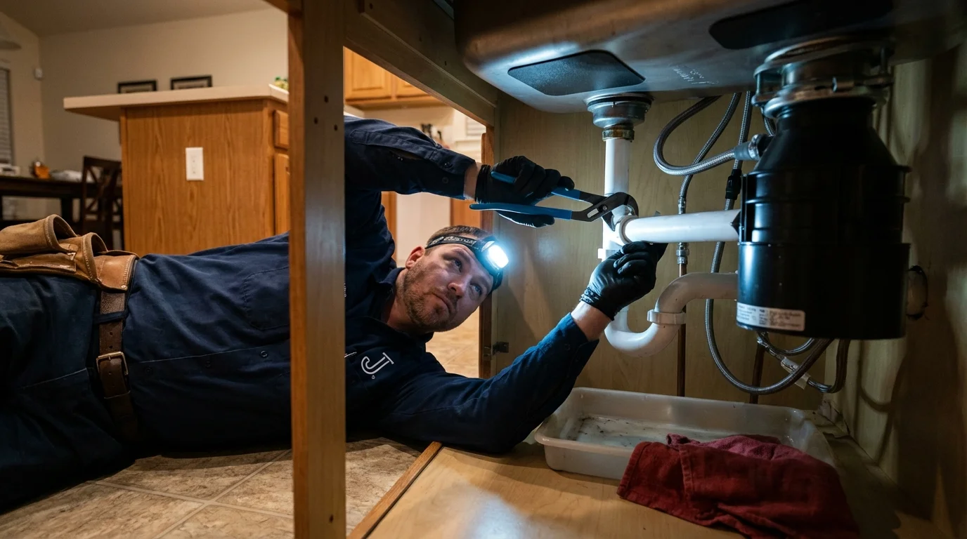 P-trap and supply line connections under a kitchen sink showing a common leak point in Brisbane, CA